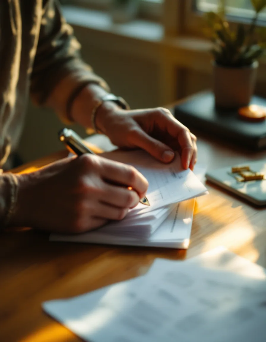 Hands organising ledgers and receipts on a warm wooden desk