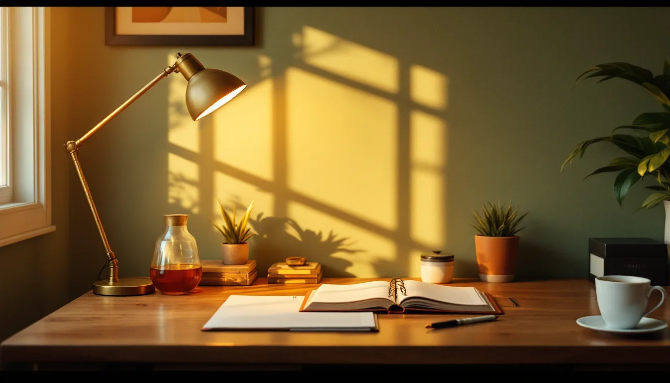 A calm, tidy bookkeeping office in warm afternoon light